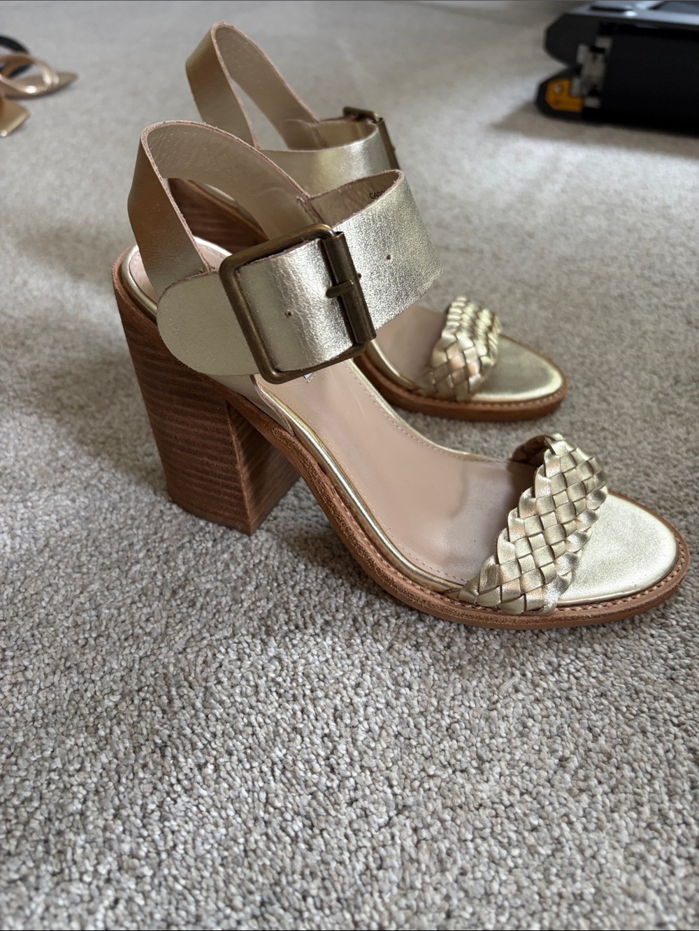 Steve Madden Metallic Gold Braided Strap Block Heel Sandals